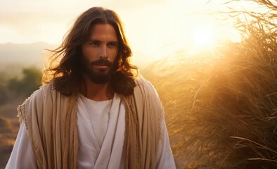   Jesus standing in white holy clothes, with long, slightly curly brown hair.
