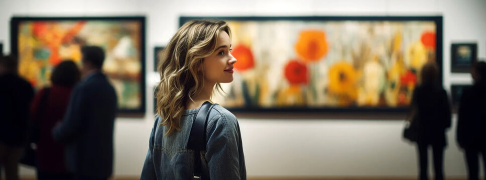 Woman looks at paintings in a gallery during an exhibition