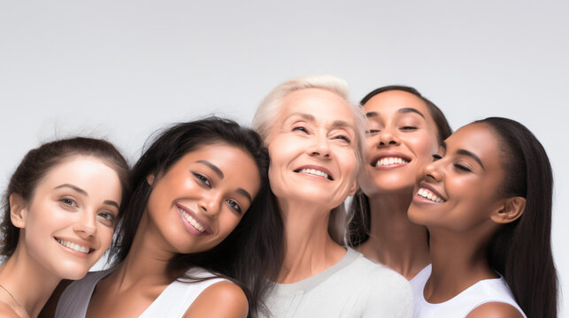 Women of different ages and skin types take care of their skin, apply moisturizer on white background
