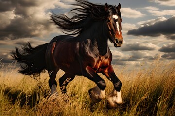 beautiful dark horses galloping across an open space, the concept of freedom, strength, power.
