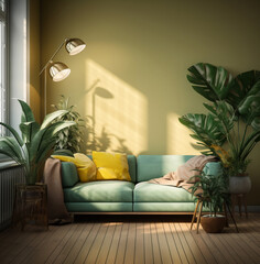 Mid Century Modern Aesthetic living room, realistic photo, with beige sofa couch, sunlight coming from window, lit lamp, wooden floor, plant, shadows, coffee table, green accent wall