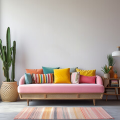 70s Vintage Retro Scandinavian sofa couch, colorful, pink, yellow pillows, plant, white wall, empty wall, modern rug, white wall, decorations, cactus in basket, mockup - obrazy, fototapety, plakaty