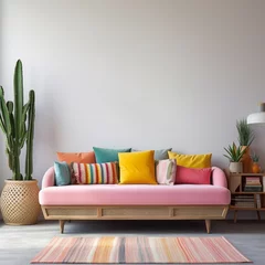 Fototapeten 70s Vintage Retro Scandinavian sofa couch, colorful, pink, yellow pillows, plant, white wall, empty wall, modern rug, white wall, decorations, cactus in basket, mockup © Minimal Mocks