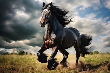 beautiful dark horses galloping across an open space, the concept of freedom, strength, power.