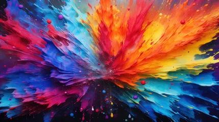 Fotobehang A vibrant and colorful abstract art piece that features a dynamic explosion of paint splatters. Multilayered surfaces. © Stanislav