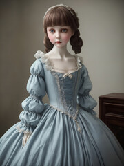 Fototapeta premium A macabre virtual treasure hunt takes place where the main subject is a finely crafted porcelain doll, dressed in a tattered but meticulously detailed Victorian gown