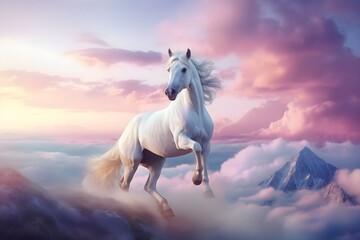 Obraz na płótnie Canvas beautiful light colored horses galloping across open space, the concept of freedom, strength, power, beautiful sunset
