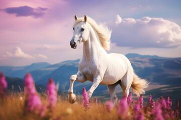 Obraz na płótnie Canvas beautiful light colored horses galloping across open space, the concept of freedom, strength, power, beautiful sunset
