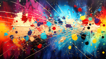 Abstract painting is a vibrant and dynamic composition of splashes of paint and lines.