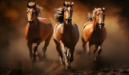 Obraz premium beautiful dark horses galloping across an open space, the concept of freedom, strength, power.