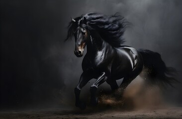 beautiful dark horses galloping across an open space, the concept of freedom, strength, power.