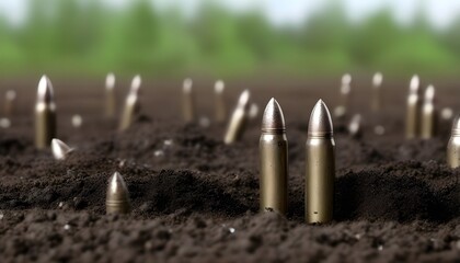 Brass bullets on the ground - war or military concept. - obrazy, fototapety, plakaty