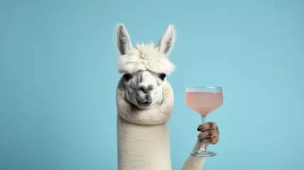 Foto auf Alu-Dibond portrait alpaca with cocktail,isolated on turquoise background © Maryna