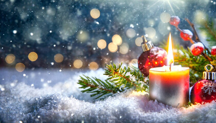 Christmas Candle Amidst a Blanket of Snow
