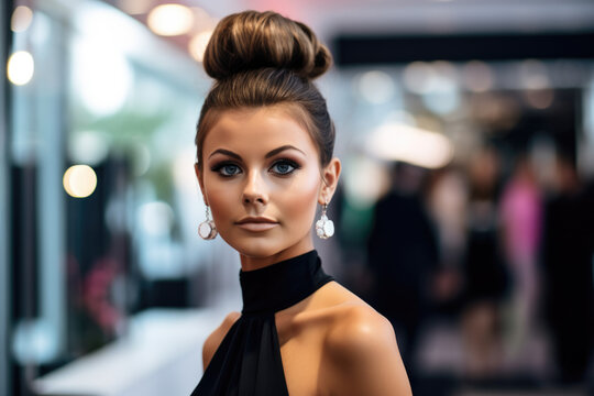 A woman with her hair in a bun and earrings looks at the camera