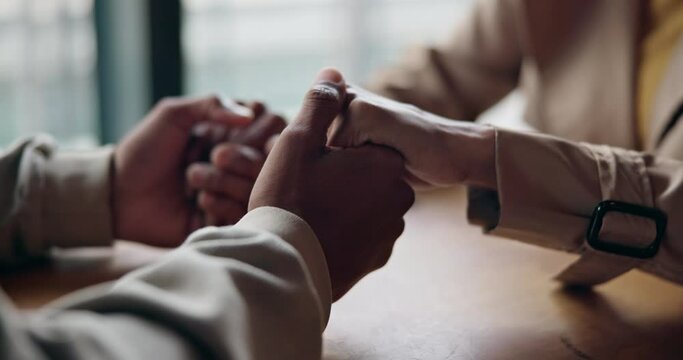 Couple, love and holding hands on table in restaurant backdrop, commitment and future plans. Black people, man and woman with laughter on date, care and romance with together in flirt communication