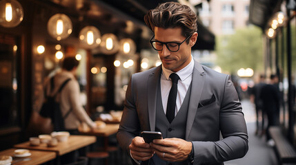 business man investor standing in city street using cell phone looking at smartphone checking financial apps on mobile. Smiling confident mid aged male company ceo executive wearing suit holding phone - obrazy, fototapety, plakaty