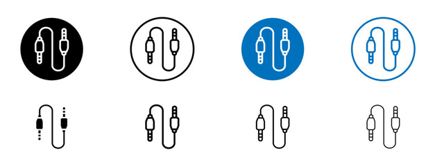 Audio Cable line icon set. Microphone jack cord symbol. Guitar aux plug sign. Music headphone wire sign in black and blue color.