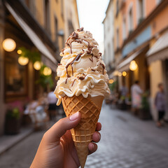 Hand holding an ice cream in a city of Italy.  Tourist traveling in Europe in summer. Natural ice cream close-up. Summer sweet tasty cold dessert.  Organic homemade ice cream for healthy eating.