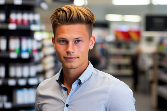 A young man in a blue shirt stands in a store