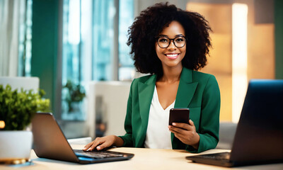 An African American woman businesswoman sitting at a desk table with a laptop and a cell phone, Engaging in Online Shopping with Technology in a Office Environment, Diverse, purchasing, working - obrazy, fototapety, plakaty