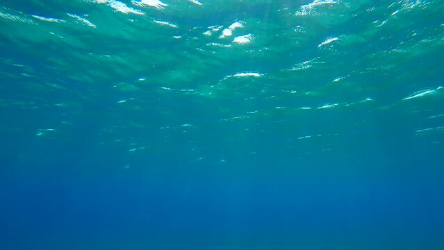Natural underwater background with sunrays under surface of water with waves, Slow motion. View of sunshine with ripples under blue water surface on daytime 