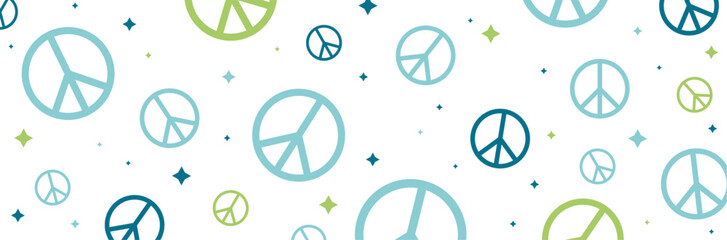 Bannière - Symboles de la paix universelle - communion - Amour - Emblèmes bleues et vertes - Peace and love - Icône universelle en soutien à la paix entre les hommes - Motif Hippie symbolique  - obrazy, fototapety, plakaty