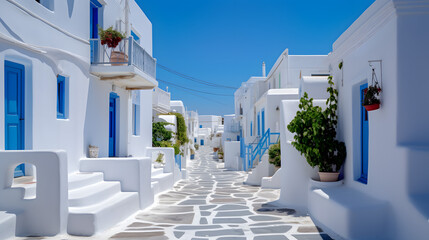 Traditional Greek Houses with Blue Doors and Windows in Mykonos