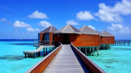 Fototapeta premium Panorama of Water Villas (Bungalows) and wooden jetty at Tropical beach in a ocean at summer day.