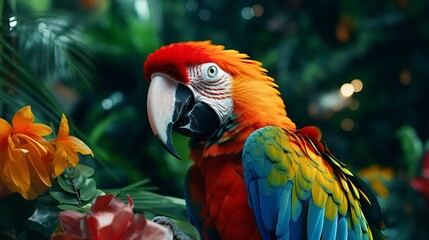 Close Up of Vibrant Macaw Parrot in Tropical Rainforest Sanctuary