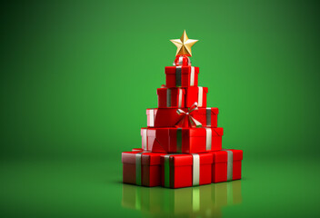 Christmas tree from red gifts boxes green background.