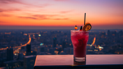 A glass of red cocktail on the rooftop with cityscape background.