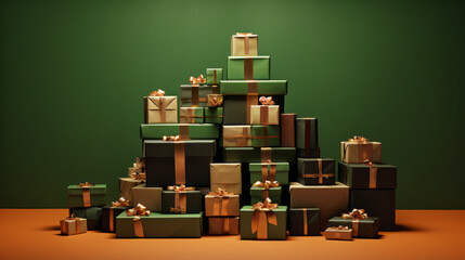 Christmas tree from many beautiful gift boxes under Christmas tree in a dark green background.