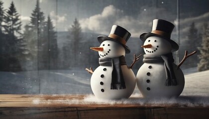 Two snowman sitting at snow at mountains, wearing Santa hat, Winter landscape, Christmas snow background