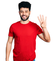 Young arab man with beard wearing casual red t shirt showing and pointing up with fingers number four while smiling confident and happy.