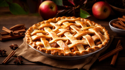 Golden baked apple pie with lattice decoration on a white kitchen table.