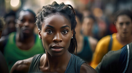 A female running athlete poised at the competition start line