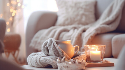 Fototapeta na wymiar A mug of hot tea on a chair, wrapped in a cozy woolen blanket