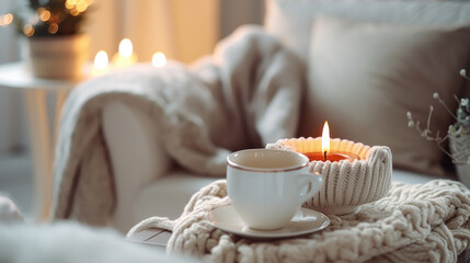 Fototapeta na wymiar A mug of hot tea on a chair, wrapped in a cozy woolen blanket