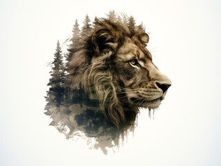A Double Exposure Style Silhouette of a Lion with a Forest Background