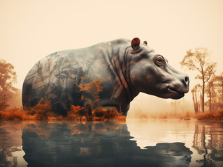 A Double Exposure Style Silhouette of a Hippo with a Forest Background