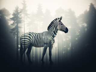 Fototapeta na wymiar A Double Exposure Style Silhouette of a Zebra with a Forest Background