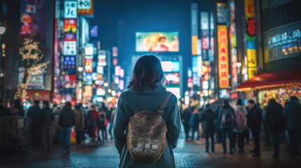 A woman at Shibuya Street at Night - obrazy, fototapety, plakaty