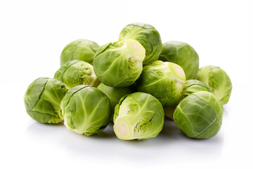 Fresh green brussel sprouts vegetable on white background.