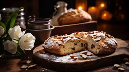 Tasty food photography of sweet Dove Cake - Colomba di pasqua. The concept of traditional Easter food in the Italy