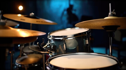 A modern drum set on stage for a concert