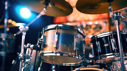 Fototapeta na wymiar A modern drum set on stage for a concert
