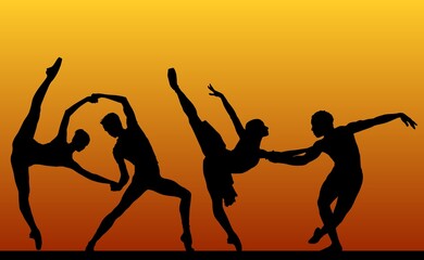 silueta, gente, baile, vector, atardecer, mujer, brincar, danza