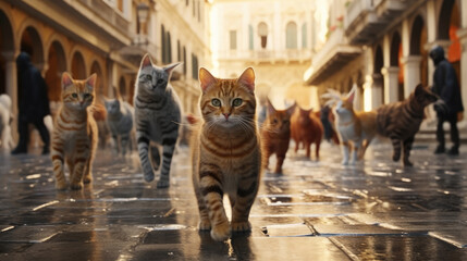 Fototapeta na wymiar Cats were running around playfully on the street