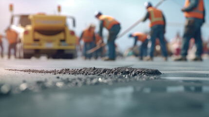 A brigade of workers is working on a road-building project